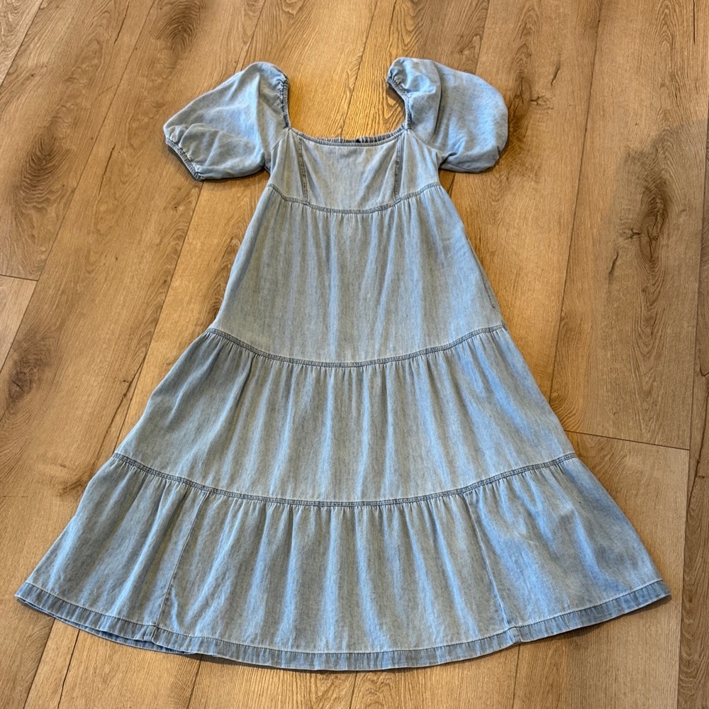 GAP Light Blue Denim Midi Dress with Puff Sleeves